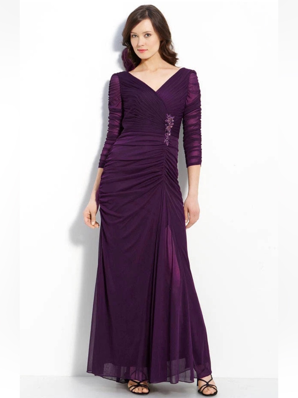 Adrianna Papell Purple Mother of Bride Mesh Sleeve Ruched Beaded Gown Dress 20W